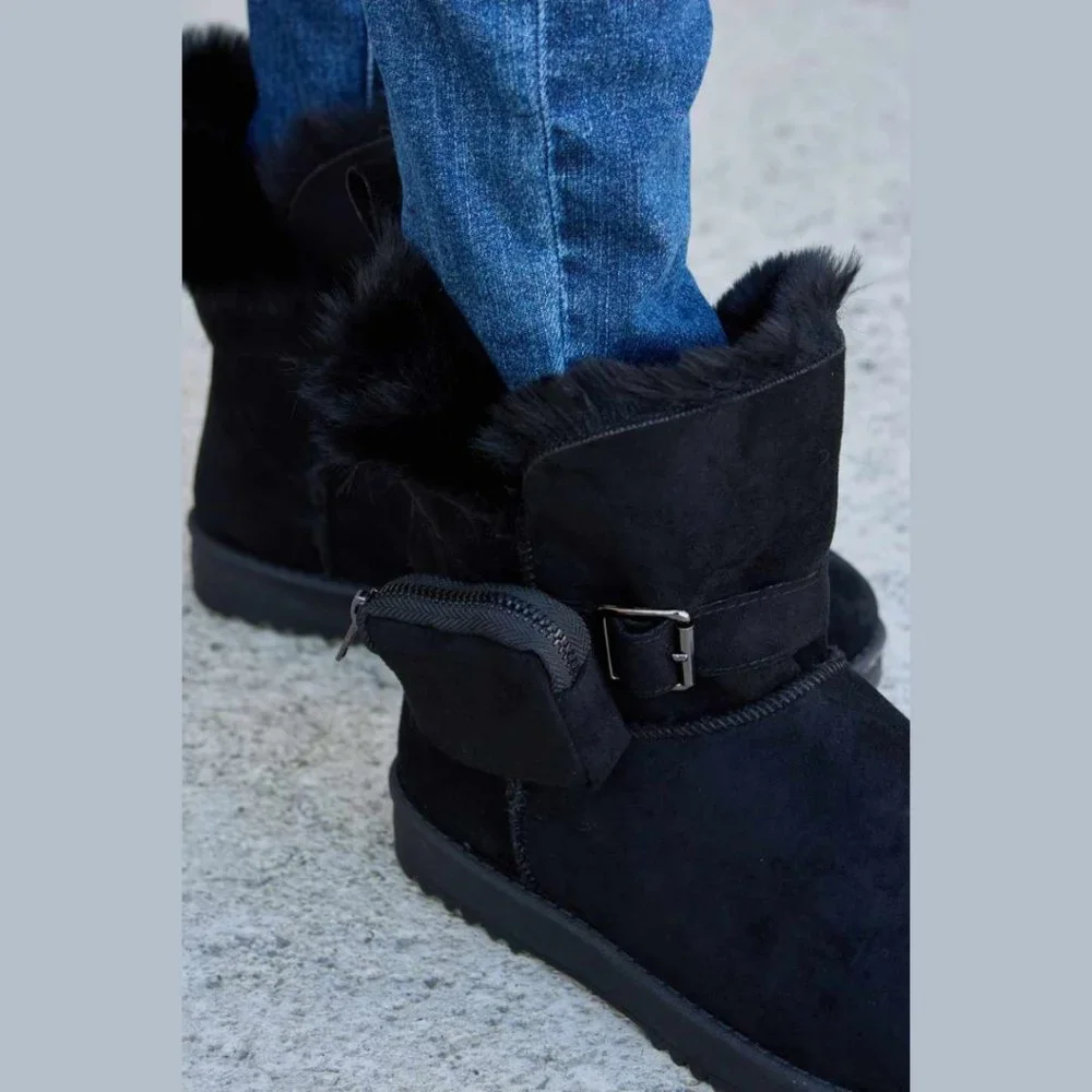 Black Plush Thermal Winter Boots Faux Fur Lined Zip Pocket New